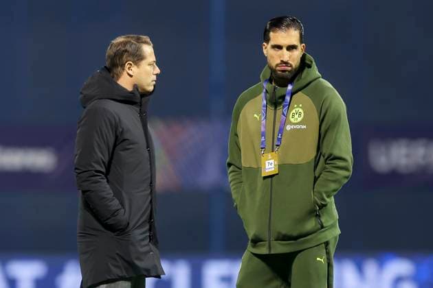 Geschaeftsfuehrer Lars Ricken (Borussia Dortmund) und Emre Can (Borussia Dortmund) unterhalten sich, UEFA Champions League 2024 25 League Phase MD5, GNK Dinamo v Borussia Dortmund, Stadion Maksimir am 27. November 2024 in Zagreb, Kroatien. (Foto von Marco Steinbrenner DeFodi Images) Geschaeftsfuehrer Sport Lars Ricken (Borussia Dortmund) und Emre Can (Borussia Dortmund) talk together, UEFA Champions League 2024 25 League Phase MD5, GNK Dinamo v Borussia Dortmund, Stadion Maksimir, November 27, 2024 in Zagreb, Croatia. (Photo by Marco Steinbrenner DeFodi Images) Defodi-700_zagreb_bvb_20241127_004