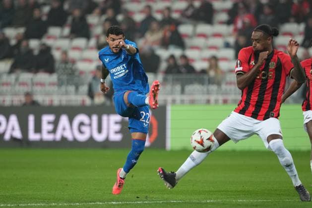 Jefte of Rangers fires off a shot Nice v Rangers, UEFA Europa League, Group Stage, Football, Allianz Riviera, Nice, France - 28 Nov 2024 EDITORIAL USE ONLY No use with unauthorised audio, video, data, fixture lists, club league logos or live services. Online in-match use limited to 120 images, no video emulation. No use in betting, games or single club league player publications. Copyright: xDavexWinter Shutterstockx 14945054ad