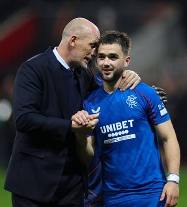 Rangers Manager Philippe Clement embraces Nicolas Raskin of Rangers during the Europa League group phase match at The Allianz Riviera, Nice. Nice v Rangers, UEFA Europa League, Group Stage, Football, Allianz Riviera, Nice, France - 28 Nov 2024 EDITORIAL USE ONLY No use with unauthorised audio, video, data, fixture lists, club league logos or live services. Online in-match use limited to 120 images, no video emulation. No use in betting, games or single club league player publications. Copyright: xKirkxO Rourke RangersxFC Shutterstockx 14951059jj