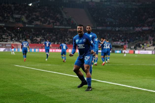 Hamza Igamane of Rangers celebrates after he puts his side 3-0 ahead Nice v Rangers, UEFA Europa League, Group Stage, Football, Allianz Riviera, Nice, France - 28 Nov 2024 EDITORIAL USE ONLY No use with unauthorised audio, video, data, fixture lists, club league logos or live services. Online in-match use limited to 120 images, no video emulation. No use in betting, games or single club league player publications. Copyright: xDavexWinter Shutterstockx 14945054jx