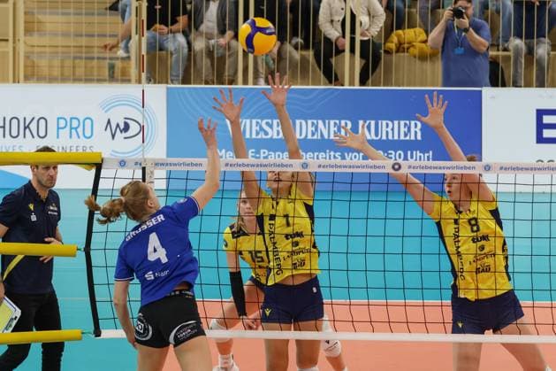30.11.2024, xusrbx, Volleyball 1.Bundesliga Damen, VC Wiesbaden - SSC Palmberg Schwerin emspor, v.l. Tanja Grosser (VC Wiesbaden, 4), Karla Antunovic (SSC Palmberg Schwerin, 1), Britte Stuut (SSC Palmberg Schwerin, 8), (DFL DFB REGULATIONS PROHIBIT ANY USE OF PHOTOGRAPHS as IMAGE SEQUENCES and or QUASI-VIDEO) Wiesbaden
