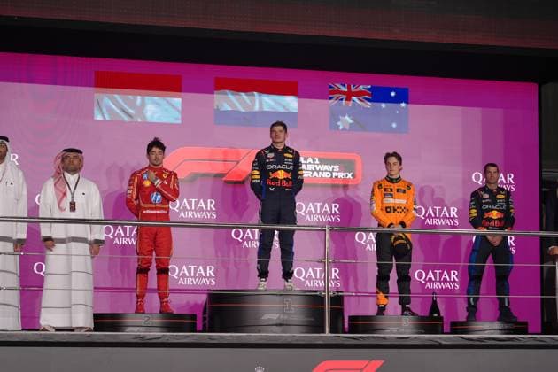 Formula 1 Qatar Airways Qatar Grand Prix 2024 01.12.2024, Losail International Circuit, Doha, Formula 1 Qatar Airways Qatar Grand Prix 2024 ,im Bild Posium:, Sieger Max Verstappen (NLD), Oracle Red Bull Racing, 2.Platz für Charles Leclerc (MCO), Scuderia Ferrari HP, 3.Platz für Oscar Piastri (AUS), McLaren F1 Team
