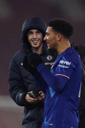 Football - 2024 2025 Premier League - Southampton vs Chelsea - St Mary™s Stadium - Wednesday 4th December 2024 Cole Palmer and Jadon Sancho of Chelsea after the final whistle at St Mary™s Stadium COLORSPORT Shaun Boggust