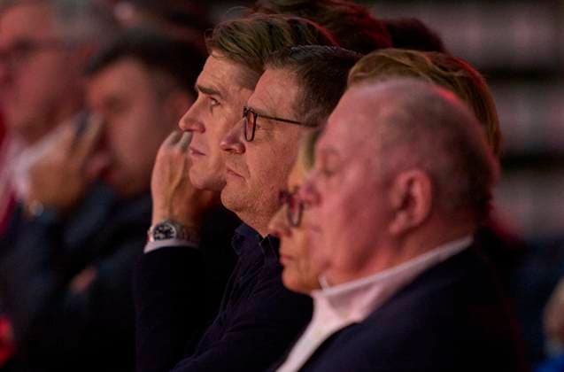 Uli HOENESS (former FCB President ), Ehrenpräsident, Max Eberl , Sportvorstand und Manager FC Bayern, Christoph Freund, sports director, FCB Sportdirektor, follow Herbert HAINER, FCB president and Ex CEO Adidas at his speech at the annual general Meeting of FC BAYERN MÜNCHEN in BMW Park Munich, Dec 8, 2024, Season 2024 2025,