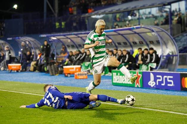 Daizen Maeda of Celtic is tackled by Stefan Ristovski of Dinamo Zagreb Dinamo Zagreb v Celtic, UEFA Champions League, Group Stage, Football, Maksimir Stadium, Zagreb, Croatia, UK - 10 Dec 2024 EDITORIAL USE ONLY No use with unauthorised audio, video, data, fixture lists, club league logos or live services. Online in-match use limited to 120 images, no video emulation. No use in betting, games or single club league player publications. Copyright: xNikolaxKrstic Shutterstockx 14984446cg