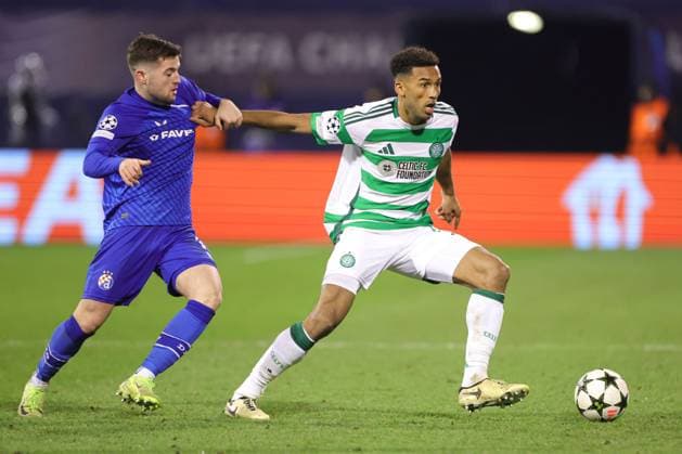 Auston Trusty of Celtic (R) battles Dinamo Zagreb v Celtic, UEFA Champions League, Group Stage, Football, Maksimir Stadium, Zagreb, Croatia, UK - 10 Dec 2024 EDITORIAL USE ONLY No use with unauthorised audio, video, data, fixture lists, club league logos or live services. Online in-match use limited to 120 images, no video emulation. No use in betting, games or single club league player publications. Copyright: xNikolaxKrstic Shutterstockx 14984446by