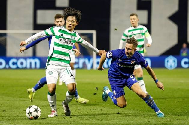 Reo Hatate of Celtic battles with Lukas Kacavenda of Dinamo Zagreb Dinamo Zagreb v Celtic, UEFA Champions League, Group Stage, Football, Maksimir Stadium, Zagreb, Croatia, UK - 10 Dec 2024 EDITORIAL USE ONLY No use with unauthorised audio, video, data, fixture lists, club league logos or live services. Online in-match use limited to 120 images, no video emulation. No use in betting, games or single club league player publications. Copyright: xNikolaxKrstic Shutterstockx 14984446cj