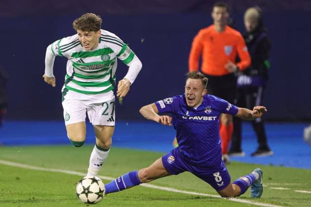 Arne Engels of Celtic is tackled by Lukas Kacavenda of Dinamo Zagreb Dinamo Zagreb v Celtic, UEFA Champions League, Group Stage, Football, Maksimir Stadium, Zagreb, Croatia, UK - 10 Dec 2024 EDITORIAL USE ONLY No use with unauthorised audio, video, data, fixture lists, club league logos or live services. Online in-match use limited to 120 images, no video emulation. No use in betting, games or single club league player publications. Copyright: xNikolaxKrstic Shutterstockx 14984446co