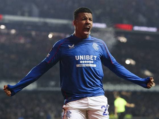 Hamza Igamane of Rangers celebrates scoring his sides first goal during the UEFA Europa League group phase match at Ibrox Stadium, Glasgow. Rangers v Tottenham Hotspur, UEFA Europa League, Football, Ibrox Stadium, Glasgow, Scotland, UK - 12 Dec 2024 EDITORIAL USE ONLY No use with unauthorised audio, video, data, fixture lists, club league logos or live services. Online in-match use limited to 120 images, no video emulation. No use in betting, games or single club league player publications. Copyright: xLukexNickerson RangersxFC Shutterstockx 14998163bh