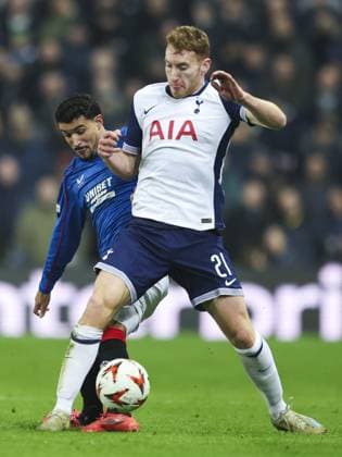 Jefte of Rangers in action with Dejan Kulusevski of Tottenham Hotspur during the UEFA Europa League group phase match at Ibrox Stadium, Glasgow. Rangers v Tottenham Hotspur, UEFA Europa League, Football, Ibrox Stadium, Glasgow, Scotland, UK - 12 Dec 2024 EDITORIAL USE ONLY No use with unauthorised audio, video, data, fixture lists, club league logos or live services. Online in-match use limited to 120 images, no video emulation. No use in betting, games or single club league player publications. Copyright: xLukexNickerson RangersxFC Shutterstockx 14998163bm