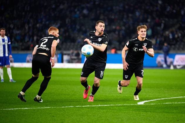 Mikkel Kirkeskov (SC Preussen Muenster, 02), Torge Paetow (SC Preussen Muenster, 16), Lucas Frenkert (SC Preussen Muenster, 29), GER, Hertha BSC vs. SC Preussen Muenster, Fussball Herren, 2. Bundesliga, Saison 2024 2025, 16. Spieltag, 13.12.2024. (DFL REGULATIONS PROHIBIT ANY USE OF PHOTOGRAPHS AS IMAGE SEQUENCES AND OR QUASI - VIDEO). GER, Hertha BSC vs. SC Preussen Muenster, Fussball Herren, 2. Bundesliga, Saison 2024 2025, 16. Spieltag, 13.12.2024. Berlin