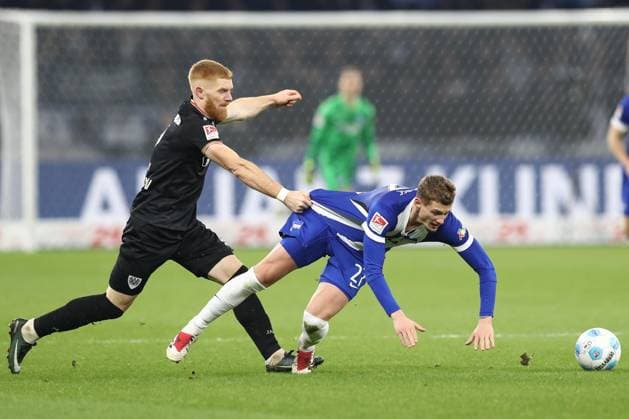 13.12.2024, xtgx, Fussball 2. Bundesliga, Hertha BSC Berlin - SC Preussen Muenster emspor, v.l. Mikkel Kirkesov (Münster, 2), Michael Cuisance (Hertha, 27) Zweikampf, Duell, Kampf, tackle (DFL DFB REGULATIONS PROHIBIT ANY USE OF PHOTOGRAPHS as IMAGE SEQUENCES and or QUASI-VIDEO) Berlin