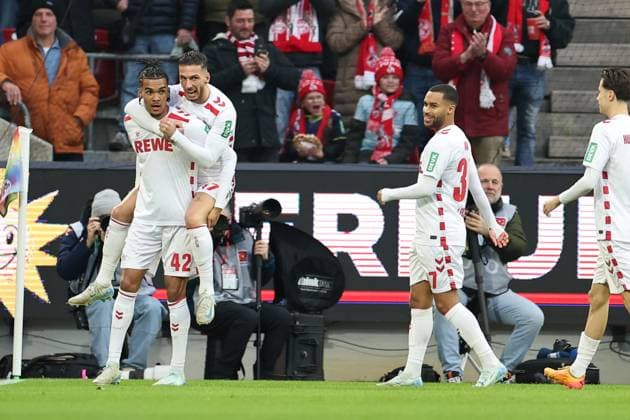 GER, 2.FBL, 1. FC Koeln vs. 1. FC Nuernberg 15.12.2024, Rheinenergie Stadion, Koeln, GER, 2.FBL, 1. FC Koeln vs. 1. FC Nuernberg, im Bild: 1:0 fuer Koeln durch Damion Downs (FC Koeln 42), Torjubel Jubel Jubellauf, mit Dejan Ljubicic (FC Koeln 7), Linton Maina (FC Koeln 37),