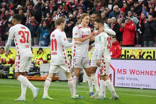 Koelner Jubel nach dem 1:0 durch Damion Downs (Koeln 42), GER, 1. FC Koeln vs. 1. FC Nuernberg , 2. Fussball-Bundesliga, 16. Spieltag, Saison 2024 2025, 15.12.2024, DFL REGULATIONS PROHIBIT ANY USE OF PHOTOGRAPHS AS IMAGE SEQUENCES AND OR QUASI-VIDEO, GER, 1. FC Koeln vs. 1. FC Nuernberg , 2. Fussball-Bundesliga, 16. Spieltag, Saison 2024 2025, 15.12.2024 Koeln