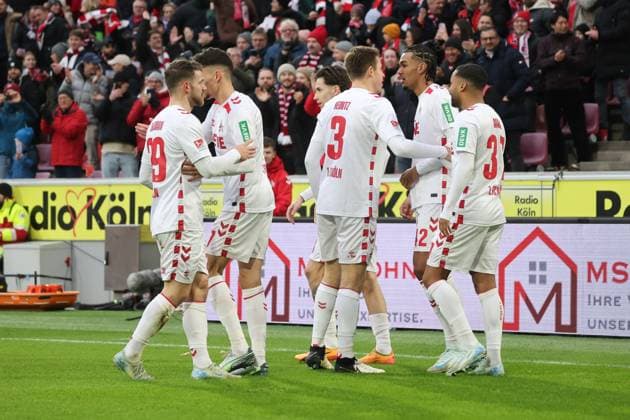 Koelner Jubel nach dem 1:0 durch Damion Downs (Koeln 42), GER, 1. FC Koeln vs. 1. FC Nuernberg , 2. Fussball-Bundesliga, 16. Spieltag, Saison 2024 2025, 15.12.2024, DFL REGULATIONS PROHIBIT ANY USE OF PHOTOGRAPHS AS IMAGE SEQUENCES AND OR QUASI-VIDEO, GER, 1. FC Koeln vs. 1. FC Nuernberg , 2. Fussball-Bundesliga, 16. Spieltag, Saison 2024 2025, 15.12.2024 Koeln