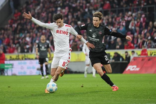 Denis Huseinbasic (Koeln 8), Oliver Villadsen (Nuernberg 2), GER, 1. FC Koeln vs. 1. FC Nuernberg , 2. Fussball-Bundesliga, 16. Spieltag, Saison 2024 2025, 15.12.2024, DFL REGULATIONS PROHIBIT ANY USE OF PHOTOGRAPHS AS IMAGE SEQUENCES AND OR QUASI-VIDEO, GER, 1. FC Koeln vs. 1. FC Nuernberg , 2. Fussball-Bundesliga, 16. Spieltag, Saison 2024 2025, 15.12.2024 Koeln