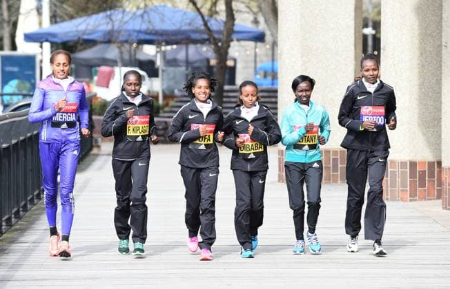 Track and Field: London Marathon-Elite Women Photocall Aselefech Mergia (ETH), Florence Kiplagat (KEN), Tigist Tufa (ETH), Mare Dibaba (ETH), Mary Keitany (KEN) and Priscah Jeptoo (KEN) pose at the Tower Bridge prior to the 2016 London Marathon in London on Thursday, April 21, 2016. Photo by Jiro Mochizuki London England United Kingdom EDITORIAL USE ONLY Copyright: xImagexofxSportx JiroxMochizukix iosphotos137047