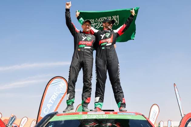 Sport Bilder des Tages Motorsport, Rallye Dakar, Yazeed Al Rajhi und Timo Gottschalk Sieger der Automobilwertung DAKAR 2025 - STAGE 12 201 AL RAJHI Yazeed (sau), GOTTSCHALK Timo (ger), Toyota, Yazeed Racing, Overdrive Racing, FIA W2RC, Ultimate, portrait during the Stage 12 of the Dakar 2025 on January 17, 2025 around Subaytah, Saudi Arabia - SubaytahSaudi Arabia Copyright: xFREDERICxLExFLOCxHx