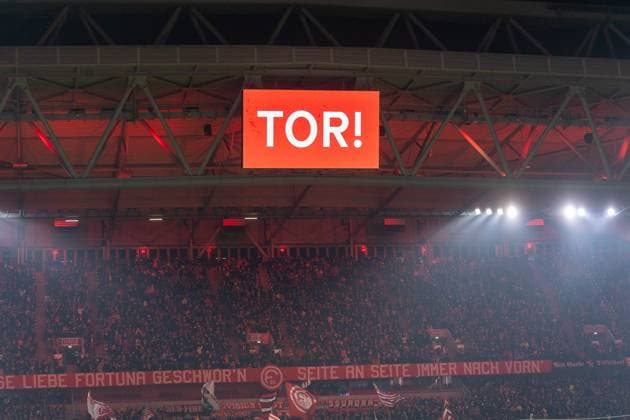 Der Monitor im Stadion zeigt den Hinweis Tor, nach dem 1:0 durch Myronvan Brederode (Fortuna Duesseldorf, 10), GER Fortuna Duesseldorf vs. SV Darmstadt 98, Fussball, 2. Bundesliga, Spieltag 18, Saison 2024 2025, 17.01.2025 DFB DFL REGULATIONS PROHIBIT ANY USE OF PHOTOGRAPHS AS IMAGE SEQUENCES AND OR QUASI-VIDEO, GER Fortuna Duesseldorf vs. SV Darmstadt 98, Fussball, 2. Bundesliga, Spieltag 18, Saison 2024 2025, 17.01.2025 Duesseldorf