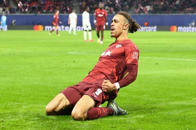RB Leipzig - Sporting Lissabon Champions League Leipzig, 22.01.2025, Red Bull Arena, Fussball, Männer, Saison 2024 2025, UEFA Champions League, 7. Spieltag , RB Leipzig - Sporting Lissabon , Im Bild: Torjubel nach dem 2:1, Torschütze Yussuf Yurary Poulsen (9, RB Leipzig) ,