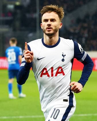 James Maddison of Tottenham Hotspur celebrates scoring a goal after making the score 0-1. Hoffenheim v Tottenham Hotspur, UEFA Europa League, Group Stage, Football, PreZero Arena, Sinsheim, Germany - 23 Jan 2024 EDITORIAL USE ONLY No use with unauthorised audio, video, data, fixture lists, club league logos or live services. Online in-match use limited to 120 images, no video emulation. No use in betting, games or single club league player publications. Copyright: xJamesxMarsh Shutterstockx 15108921as