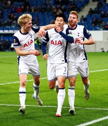 Son Heung-Min of Tottenham Hotspur celebrates scoring a goal after making the score 1-3. Hoffenheim v Tottenham Hotspur, UEFA Europa League, Group Stage, Football, PreZero Arena, Sinsheim, Germany - 23 Jan 2024 EDITORIAL USE ONLY No use with unauthorised audio, video, data, fixture lists, club league logos or live services. Online in-match use limited to 120 images, no video emulation. No use in betting, games or single club league player publications. Copyright: xJamesxMarsh Shutterstockx 15108921cf