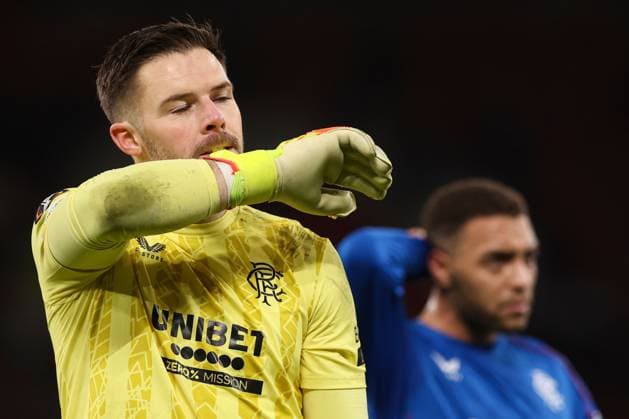 Jack Butland of Rangers (L) and Cyriel Dessers of Rangers (R) show a look of dejection at full-time Manchester United, ManU v Rangers, UEFA Europa League, Group Stage, Football, Old Trafford, Manchester, UK - 23 Jan 2025 EDITORIAL USE ONLY No use with unauthorised audio, video, data, fixture lists, club league logos or live services. Online in-match use limited to 120 images, no video emulation. No use in betting, games or single club league player publications. Copyright: xPaulxCurrie Shutterstockx 15108899fj
