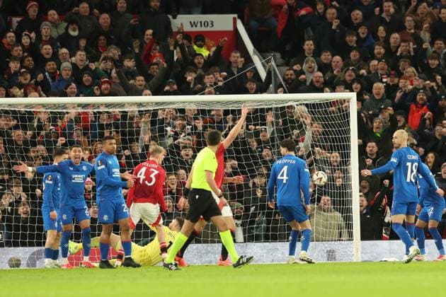 Rangers goalkeeper Jack Butland punches the ball into his goal during the Europa League group phase match at Old Trafford, Manchester. Manchester United, ManU v Rangers, UEFA Europa League, Group Stage, Football, Old Trafford, Manchester, UK - 23 Jan 2025 EDITORIAL USE ONLY No use with unauthorised audio, video, data, fixture lists, club league logos or live services. Online in-match use limited to 120 images, no video emulation. No use in betting, games or single club league player publications. Copyright: xRangersxFC Shutterstockx 15111693he