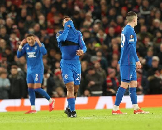 Hamza Igamane of Rangers dejected after Jack Butland scored an own goal during the Europa League group phase match at Old Trafford, Manchester. Manchester United, ManU v Rangers, UEFA Europa League, Group Stage, Football, Old Trafford, Manchester, UK - 23 Jan 2025 EDITORIAL USE ONLY No use with unauthorised audio, video, data, fixture lists, club league logos or live services. Online in-match use limited to 120 images, no video emulation. No use in betting, games or single club league player publications. Copyright: xRangersxFC Shutterstockx 15111693hk