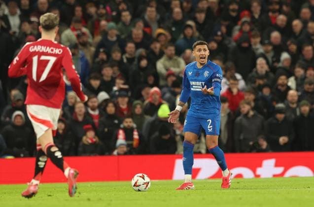 Rangers captain James Tavernier on the ball during the Europa League group phase match at Old Trafford, Manchester. Manchester United, ManU v Rangers, UEFA Europa League, Group Stage, Football, Old Trafford, Manchester, UK - 23 Jan 2025 EDITORIAL USE ONLY No use with unauthorised audio, video, data, fixture lists, club league logos or live services. Online in-match use limited to 120 images, no video emulation. No use in betting, games or single club league player publications. Copyright: xRangersxFC Shutterstockx 15111693id