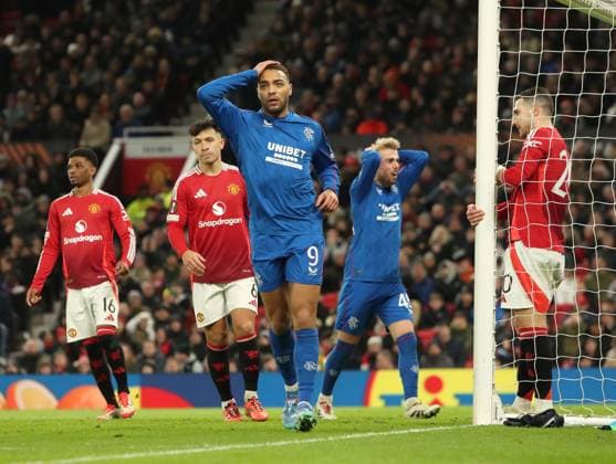 Cyriel Dessers of Rangers reacts after hitting the post during the Europa League group phase match at Old Trafford, Manchester. Manchester United, ManU v Rangers, UEFA Europa League, Group Stage, Football, Old Trafford, Manchester, UK - 23 Jan 2025 EDITORIAL USE ONLY No use with unauthorised audio, video, data, fixture lists, club league logos or live services. Online in-match use limited to 120 images, no video emulation. No use in betting, games or single club league player publications. Copyright: xRangersxFC Shutterstockx 15111693ln