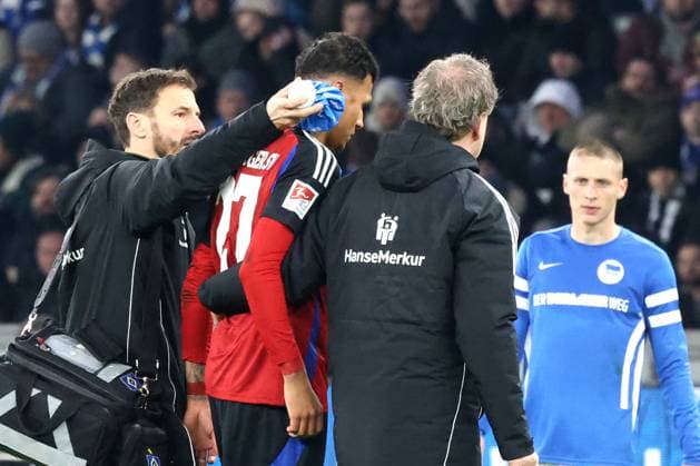 DEU, DFL, 2. FBL, Hertha BSC vs. Hambuerger SV, 25.01.2025, Berliner Olympiastadion, Berlin, DEU, DFL, 2. FBL, Hertha BSC vs. Hambuerger SV, im Bild Davie Selke (Hamburger SV 27) verletzt DFL - regulations prohibit any use of Photographs as image sequences and or quasi-video Foto: Juergen Engler nordphoto GmbH