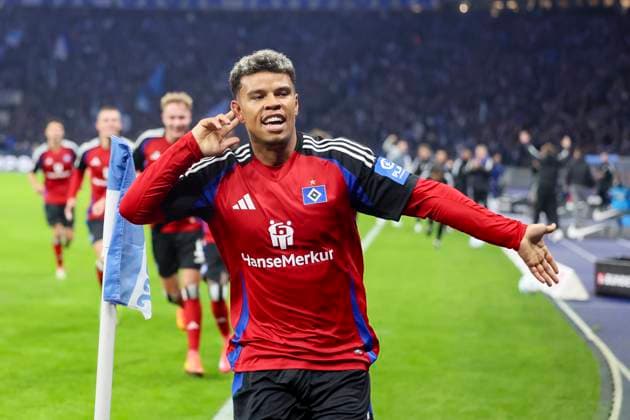 Ransford-Yeboah Koenigsdoerffer (Hamburger SV) bejubelt seinen Treffer zum 0:2, 2. Bundesliga, Hertha BSC vs Hamburger SV, Olympiastadion am 25. January 2025 in Berlin, Deutschland. (Foto von Marco Steinbrenner DeFodi Images) Ransford-Yeboah Koenigsdoerffer (Hamburger SV) celebrates after scoring his teams second goal, 2. Bundesliga, Hertha BSC vs Hamburger SV, Olympiastadion, January 25, 2025 in Berlin, Germany. (Photo by Marco Steinbrenner DeFodi Images) DFB DFL REGULATIONS PROHIBIT ANY USE OF PHOTOGRAPHS AS IMAGE SEQUENCES AND OR QUASI-VIDEO. Defodi-700_berlin_hsv_20250125_041