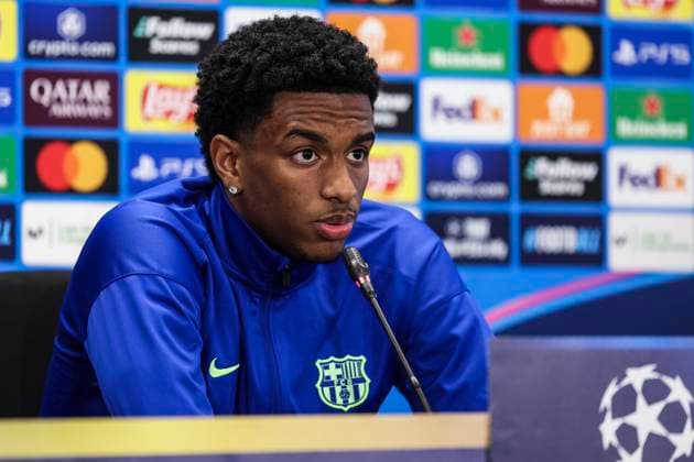 January 28, 2025, Sant Joan Despi, Barcelona, SPAIN: Alejandro Balde attends his press conference, PK, Pressekonferenz during the training day of FC Barcelona, Barca ahead the UEFA Champions League, football match against Atalanta BC at Ciudad Esportiva Joan Gamper on January 28, 2025 in Sant Joan Despi, Barcelona, Spain. Sant Joan Despi SPAIN - ZUMAa181 20250128_zaa_a181_042 Copyright: xJavierxBorregox