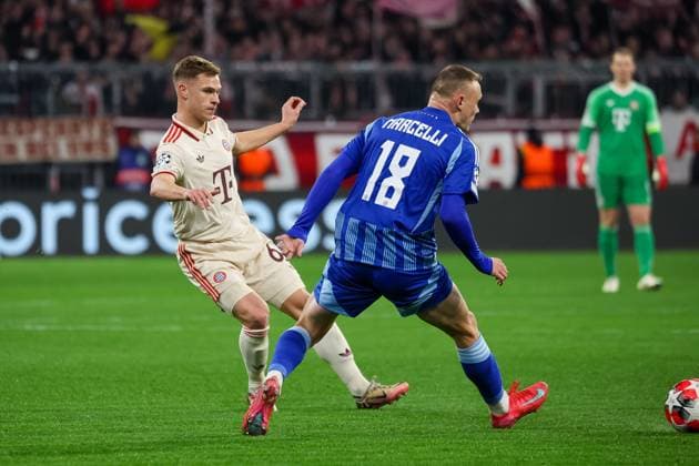Joshua Kimmich (FC Bayern Muenchen, 06) mit Nino Marcelli (SK Slovan Bratislava, 18), GER, FC Bayern Muenchen vs. SK Slovan Bratislava, Fussball, UEFA Champions League, 8. Spieltag, Spielzeit 2024 2025, 29.01.2025, GER, FC Bayern Muenchen vs. SK Slovan Bratislava, Fussball, UEFA Champions League, 8. Spieltag, Spielzeit 2024 2025, 29.01.2025 Muenchen Copyright: xEibner-Pressefoto JennixMaulx EP_JML