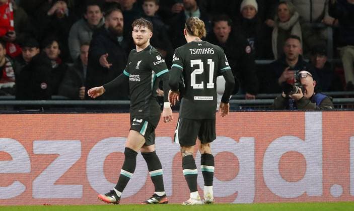 Harvey Elliott of Liverpool celebrates scoring a goal to make the score 1-2 PSV Eindhoven v Liverpool, UEFA Champions League, Group Stage, Football, Philips Stadion, Eindhoven, Netherlands - 29 Jan 2025 EDITORIAL USE ONLY No use with unauthorised audio, video, data, fixture lists, club league logos or live services. Online in-match use limited to 120 images, no video emulation. No use in betting, games or single club league player publications. Copyright: xBartxStoutjesdijk Shutterstockx 15122172af