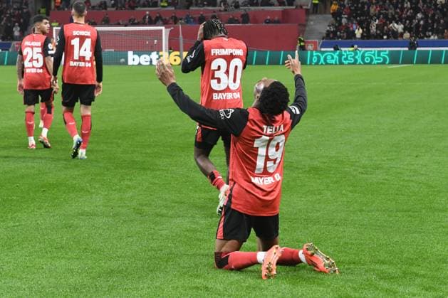 Torschuetze Nathan Tella ( Bayer 04 Leverkusen ) jubelt nach seinem Tor zum 2 : 0. GER, Bayer 04 Leverkusen vs Slavia Prag, Fussball, UEFA Champions League, Ligaphase, Spielzeit 2024 2025, 29.01.2025 GER, Bayer 04 Leverkusen vs Slavia Prag, Fussball, UEFA Champions League, Ligaphase, Spielzeit 2024 2025, 29.01.2025 Leverkusen Copyright: xEibner-Pressefoto ThomasxThienelx EP_TTL