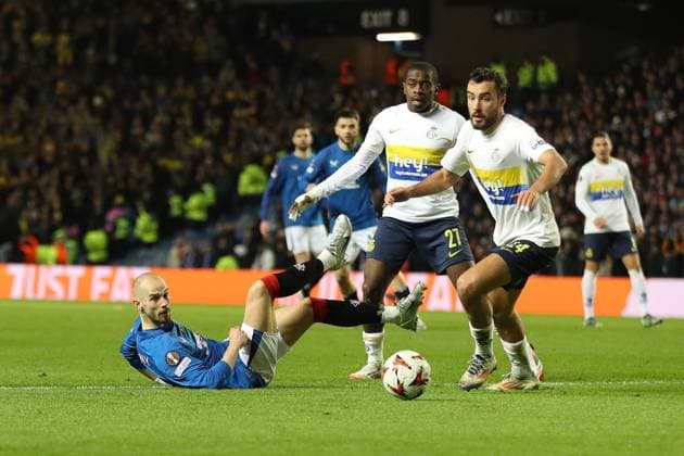 Vaclav Cerny of Rangers on the ground during the Europa League group phase match at Ibrox Stadium, Glasgow. Rangers v Union Saint-Gilloise, Europa League, Football, Ibrox Stadium, Glasgow, Scotland, UK - 30 Jan 2025 EDITORIAL USE ONLY No use with unauthorised audio, video, data, fixture lists, club league logos or live services. Online in-match use limited to 120 images, no video emulation. No use in betting, games or single club league player publications. Copyright: xO Rourke RangersxFC Shutterstockx 15126401z