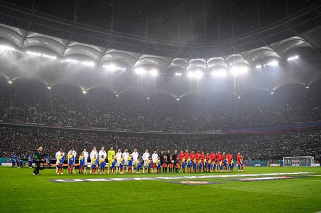 Manchester United, ManU and FCSB players line up FCSB v Manchester United, UEFA Europa League, Group Stage, Football, The National Arena, Bucharest, Romania - 30 Jan 2025 EDITORIAL USE ONLY No use with unauthorised audio, video, data, fixture lists, club league logos or live services. Online in-match use limited to 120 images, no video emulation. No use in betting, games or single club league player publications. Copyright: xAlexxNicodim Shutterstockx 15122176au