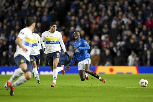 Mohamed Diomande of Rangers challenged by Anan Khalaili of Union Saint-Gilloise Rangers v Union Saint-Gilloise, UEFA Europa League, Group Stage, Football, Ibrox Stadium, Glasgow, UK - 30 Jan 2025 EDITORIAL USE ONLY No use with unauthorised audio, video, data, fixture lists, club league logos or live services. Online in-match use limited to 120 images, no video emulation. No use in betting, games or single club league player publications. Copyright: xStuartxWallace Shutterstockx 15122181bt