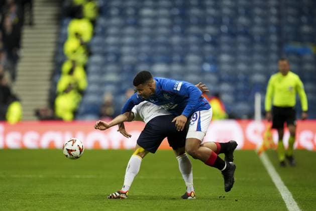 Kevin Mac Allister of Union Saint-Gilloise challenges Hamza Igamane of Rangers Rangers v Union Saint-Gilloise, UEFA Europa League, Group Stage, Football, Ibrox Stadium, Glasgow, UK - 30 Jan 2025 EDITORIAL USE ONLY No use with unauthorised audio, video, data, fixture lists, club league logos or live services. Online in-match use limited to 120 images, no video emulation. No use in betting, games or single club league player publications. Copyright: xStuartxWallace Shutterstockx 15122181bv