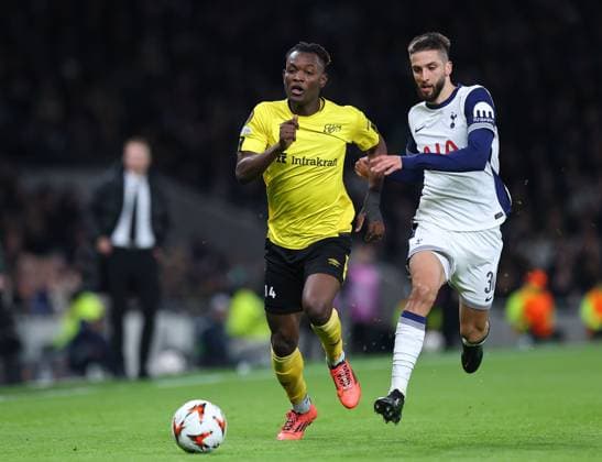 Jalal Abdullai of Elfsborg and Rodrigo Bentancur of Tottenham Hotspur Tottenham Hotspur v Elfsborg, UEFA Europa League, Group Stage, Football, Tottenham Hotspur Stadium, London, UK - 30 Jan 2025 EDITORIAL USE ONLY No use with unauthorised audio, video, data, fixture lists, club league logos or live services. Online in-match use limited to 120 images, no video emulation. No use in betting, games or single club league player publications. Copyright: xShutterstockx 15123155v