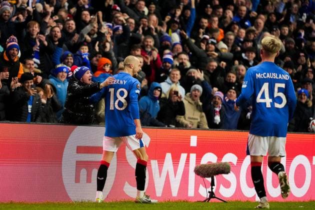 Vaclav Cerny of Rangers celebrates with a fan after scoring to give Rangers a 2-0 lead Rangers v Union Saint-Gilloise, UEFA Europa League, Group Stage, Football, Ibrox Stadium, Glasgow, UK - 30 Jan 2025 EDITORIAL USE ONLY No use with unauthorised audio, video, data, fixture lists, club league logos or live services. Online in-match use limited to 120 images, no video emulation. No use in betting, games or single club league player publications. Copyright: xStuartxWallace Shutterstockx 15122181ct