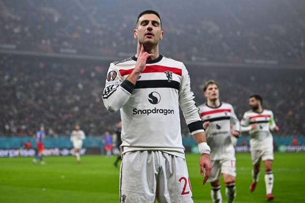 Diogo Dalot of Manchester United, ManU celebrates scoring the opening goal for their side FCSB v Manchester United, UEFA Europa League, Group Stage, Football, The National Arena, Bucharest, Romania - 30 Jan 2025 EDITORIAL USE ONLY No use with unauthorised audio, video, data, fixture lists, club league logos or live services. Online in-match use limited to 120 images, no video emulation. No use in betting, games or single club league player publications. Copyright: xAlexxNicodim Shutterstockx 15122176bu