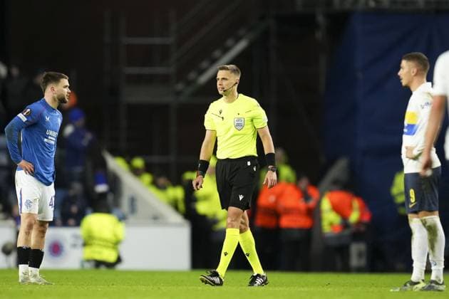 Referee Damian Sylwestrzak awards goal for Union Saint-Gilloise after VAR check Rangers v Union Saint-Gilloise, UEFA Europa League, Group Stage, Football, Ibrox Stadium, Glasgow, UK - 30 Jan 2025 EDITORIAL USE ONLY No use with unauthorised audio, video, data, fixture lists, club league logos or live services. Online in-match use limited to 120 images, no video emulation. No use in betting, games or single club league player publications. Copyright: xStuartxWallace Shutterstockx 15122181dh
