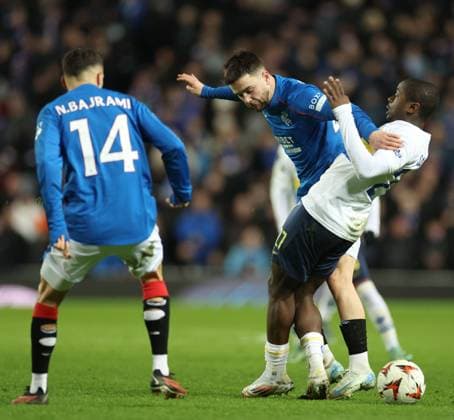Nicolas Raskin of Rangers battles for the ball with Noah Sadiki of Union Saint-Gilloise during the Europa League group phase match at Ibrox Stadium, Glasgow. Rangers v Union Saint-Gilloise, Europa League, Football, Ibrox Stadium, Glasgow, Scotland, UK - 30 Jan 2025 EDITORIAL USE ONLY No use with unauthorised audio, video, data, fixture lists, club league logos or live services. Online in-match use limited to 120 images, no video emulation. No use in betting, games or single club league player publications. Copyright: xO Rourke RangersxFC Shutterstockx 15126401ch