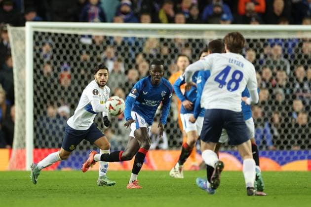 Mohamed Diomande of Rangers watches the ball during the Europa League group phase match at Ibrox Stadium, Glasgow. Rangers v Union Saint-Gilloise, Europa League, Football, Ibrox Stadium, Glasgow, Scotland, UK - 30 Jan 2025 EDITORIAL USE ONLY No use with unauthorised audio, video, data, fixture lists, club league logos or live services. Online in-match use limited to 120 images, no video emulation. No use in betting, games or single club league player publications. Copyright: xO Rourke RangersxFC Shutterstockx 15126401dz