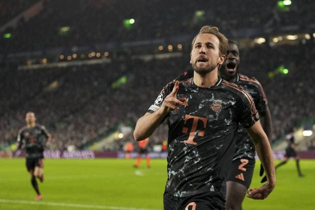 Harry Kane of Bayern Munich celebrates after scoring to give Bayern Munich a 0-2 lead Celtic v Bayern Munich, UEFA Champions League, Knockout Round Play-offs, First Leg, Football, Celtic Park, Glasgow, UK - 12 Feb 2025 EDITORIAL USE ONLY No use with unauthorised audio, video, data, fixture lists, club league logos or live services. Online in-match use limited to 120 images, no video emulation. No use in betting, games or single club league player publications. Copyright: xStuartxWallace Shutterstockx 15136907cn