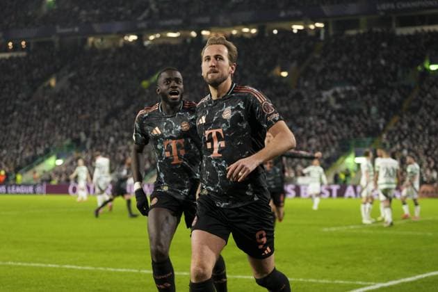 Harry Kane of Bayern Munich celebrates after scoring to give Bayern Munich a 0-2 lead Celtic v Bayern Munich, UEFA Champions League, Knockout Round Play-offs, First Leg, Football, Celtic Park, Glasgow, UK - 12 Feb 2025 EDITORIAL USE ONLY No use with unauthorised audio, video, data, fixture lists, club league logos or live services. Online in-match use limited to 120 images, no video emulation. No use in betting, games or single club league player publications. Copyright: xStuartxWallace Shutterstockx 15136907cl