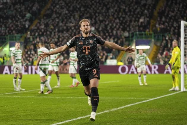 Harry Kane of Bayern Munich celebrates after scoring to give Bayern Munich a 0-2 lead Celtic v Bayern Munich, UEFA Champions League, Knockout Round Play-offs, First Leg, Football, Celtic Park, Glasgow, UK - 12 Feb 2025 EDITORIAL USE ONLY No use with unauthorised audio, video, data, fixture lists, club league logos or live services. Online in-match use limited to 120 images, no video emulation. No use in betting, games or single club league player publications. Copyright: xStuartxWallace Shutterstockx 15136907cx